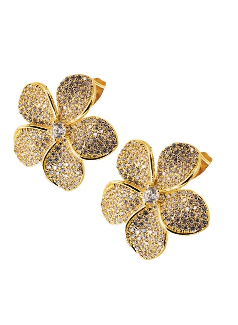 1une 14K Golden  Earrings ''Beauty'' Flower Stainless Steel, Zirconia Stones - Image 3